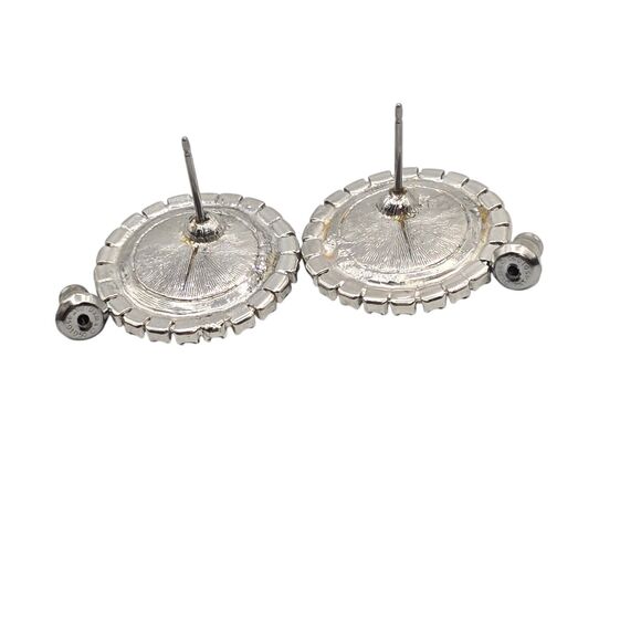 Pierced Earrings Halo Rhinestone Black Enamel Acrylic Silver Tone Lightweight - Picture 3 of 6